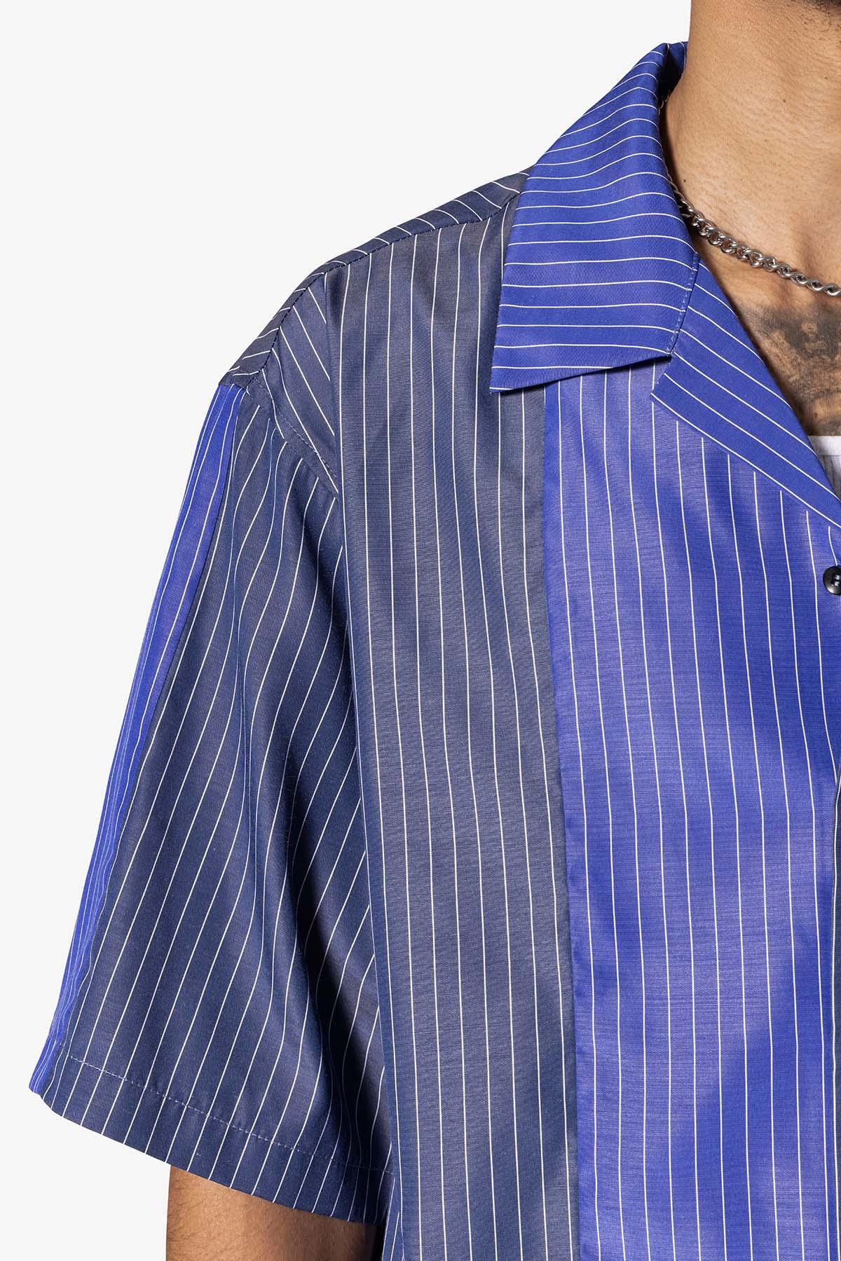 Cropped Panel Stripe Short Sleeve Shirt - Blue Product Image