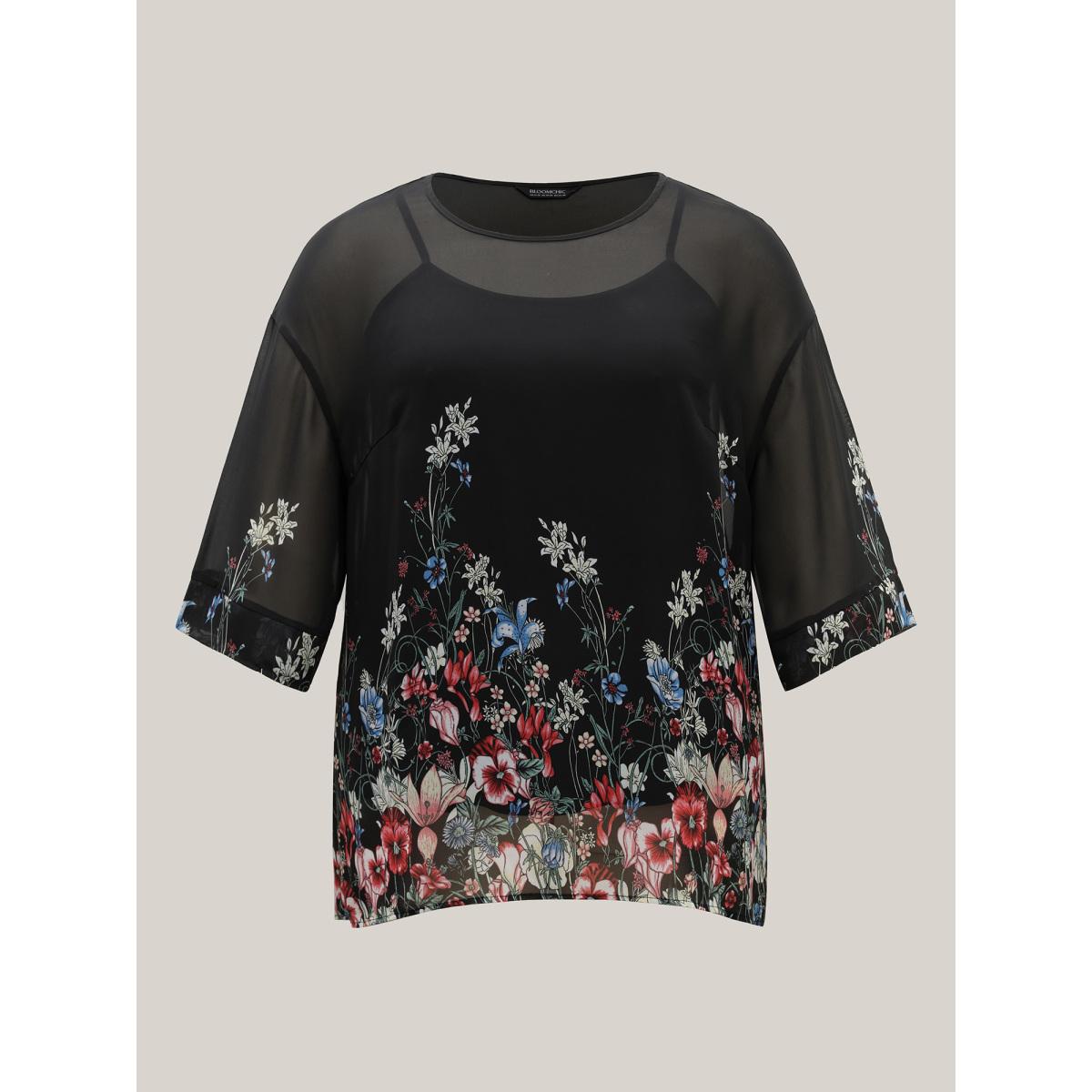 Plus Size Black Floral Print Sheer Round Neck Blouse Women Elbow-length sleeve Round Neck Everyday-Elegant Blouses BloomChic 30/6X Product Image