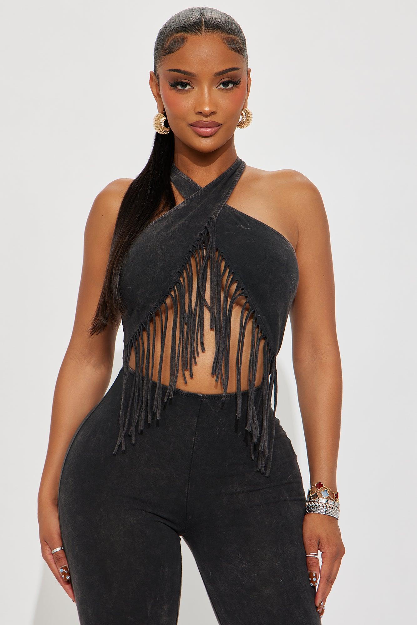 Leah Washed Fringe Halter Jumpsuit - Charcoal Female Product Image