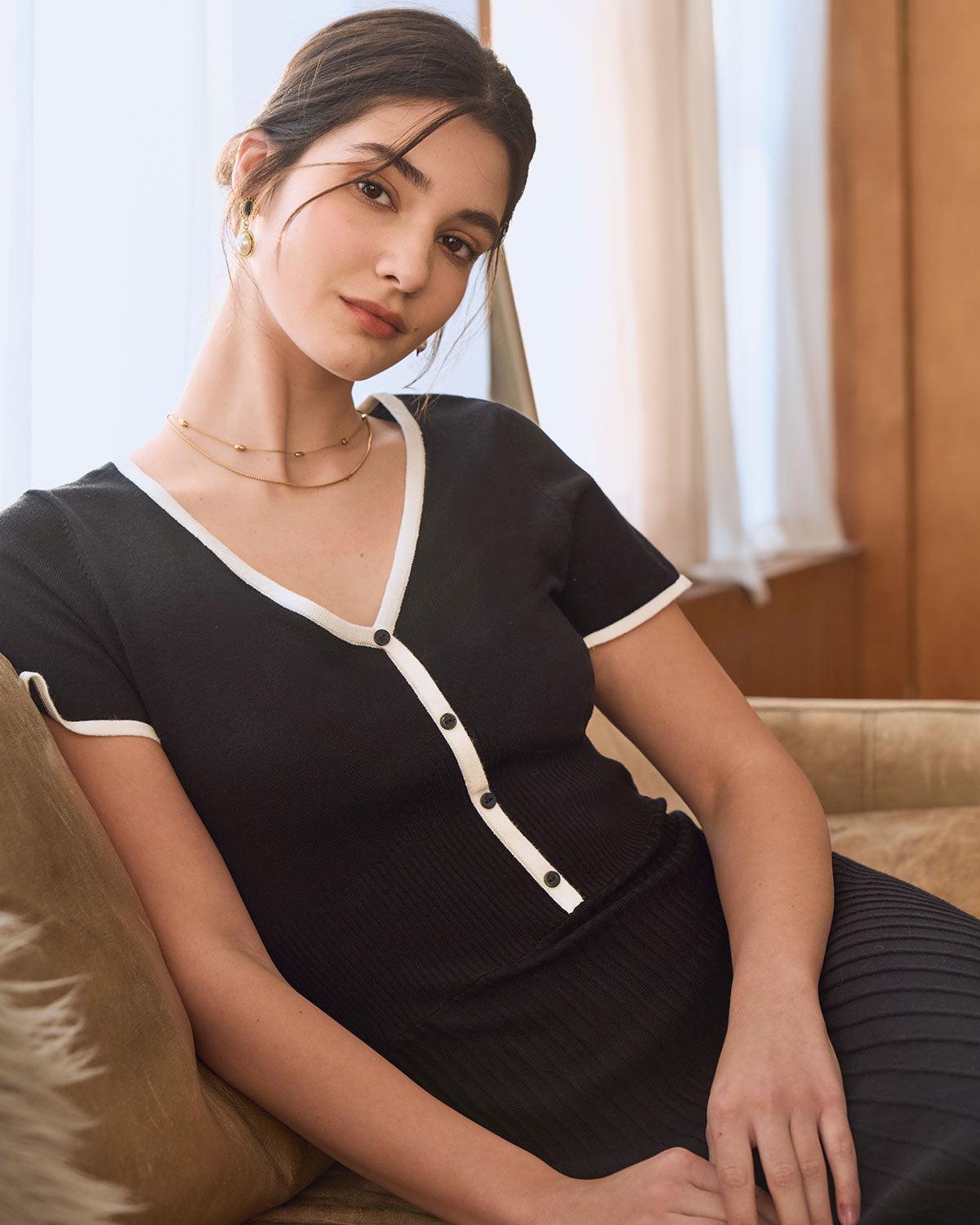 Black Contrasting Sweater Midi Dress Product Image