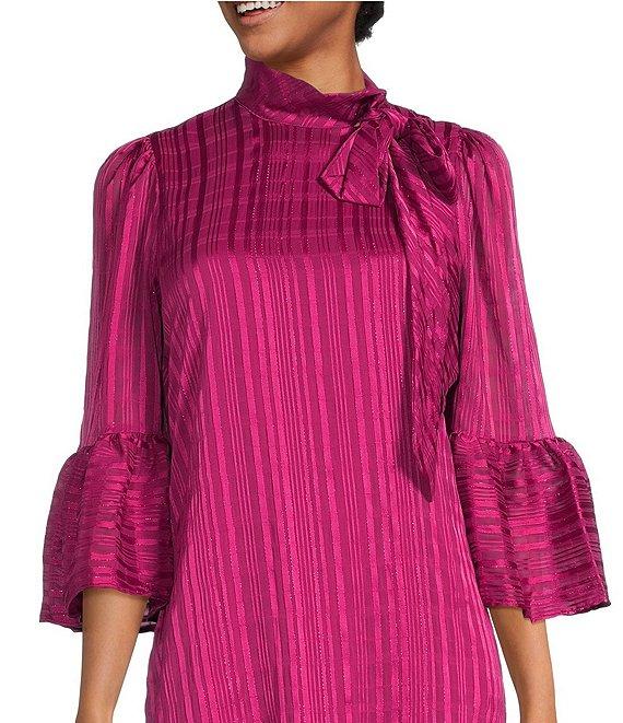 Calvin Klein 3/4 Bell Sleeve Mock Tie Neck Tiered Skirt Chiffon Shift Dress Product Image