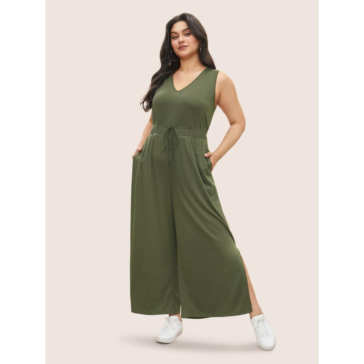 Plus Size ArmyGreen Solid Split Side Pocket Bowknot Tank Jumpsuit Women Casual Sleeveless V-neck Everyday Loose Jumpsuits BloomChic 22-24/3X Product Image