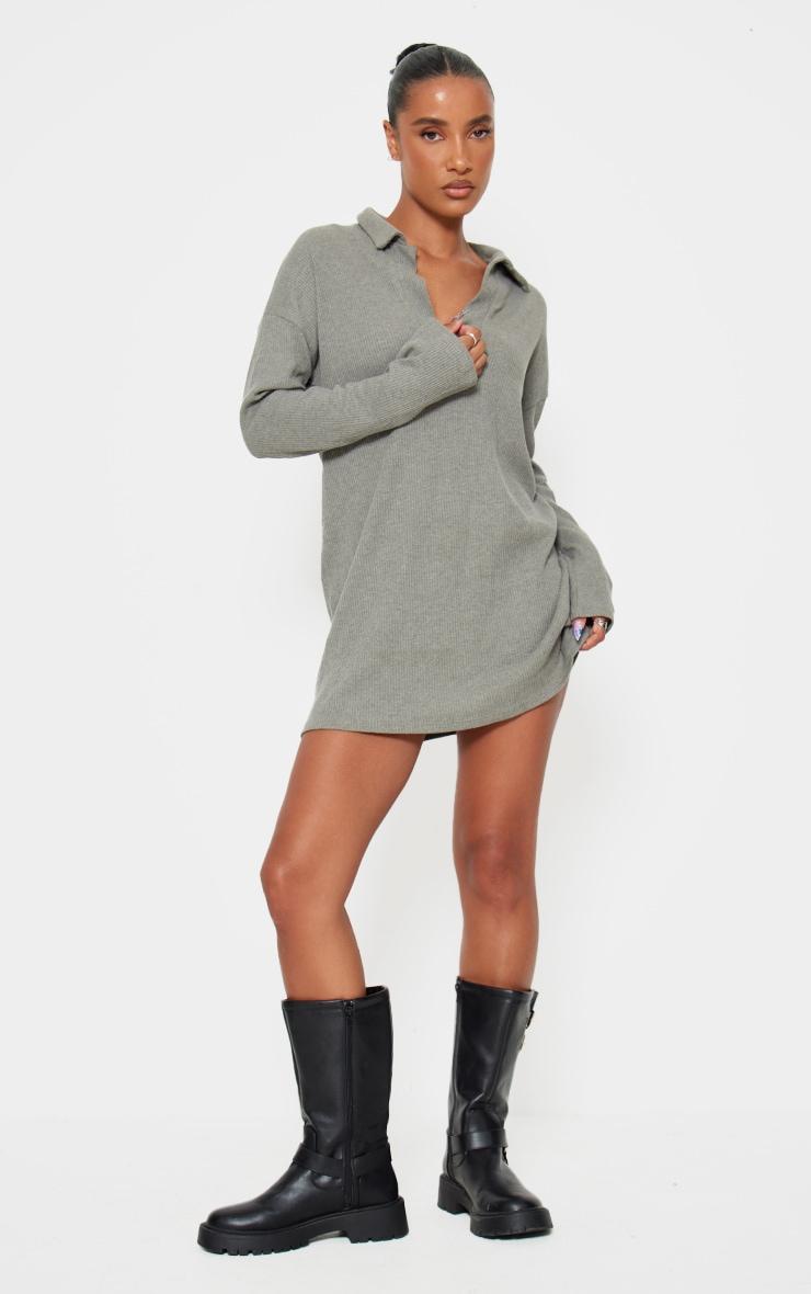 Sage Khaki Rib V Neck Oversized Sweater Dress Product Image