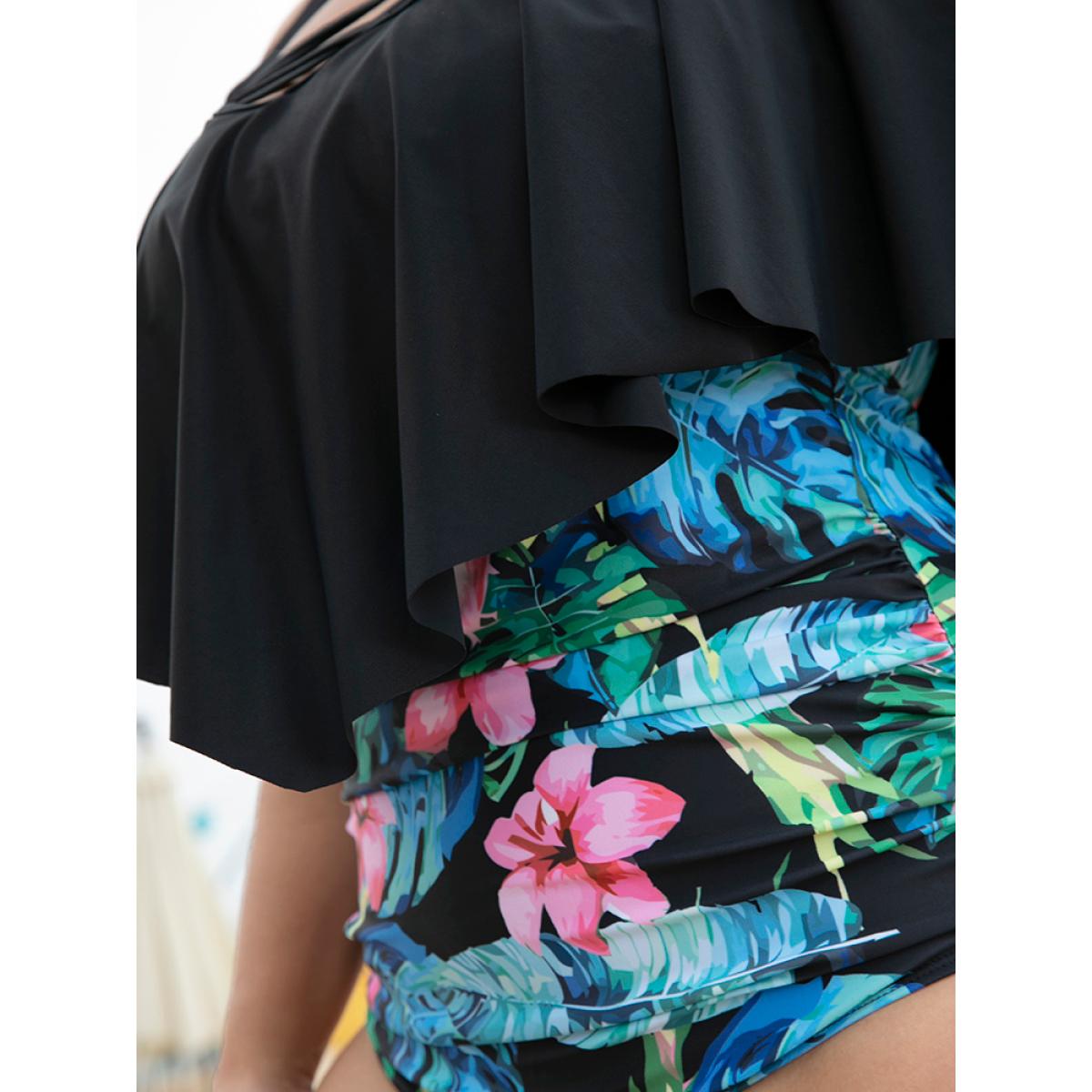 Plus Size Floral Patchwork Crisscross Cold Shoulder Asymmetrical One Piece Swimsuit Women's Swimwear BlackFlower Adjustable Straps Curve Bathing Suits High stretch One Pieces BloomChic 28/5X Product Image