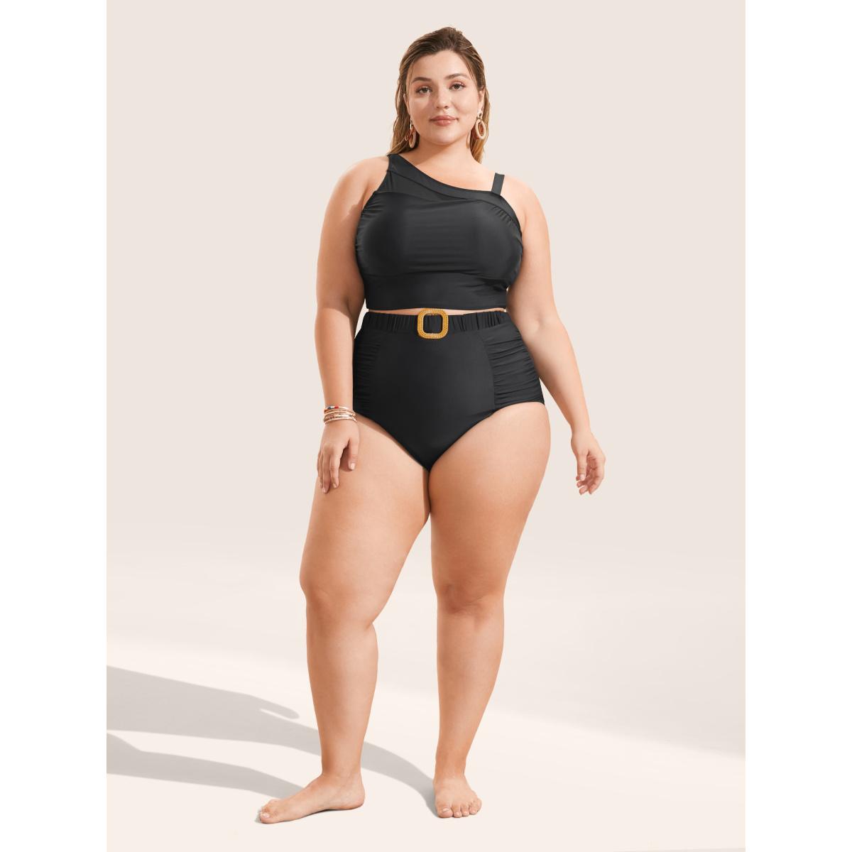 Plus Size Solid Buckle Detail Ruched Swim Bottom Women's Swimwear Black Beach Non High stretch Skinny High Rise Curve Swim Bottoms BloomChic 26/4X Product Image