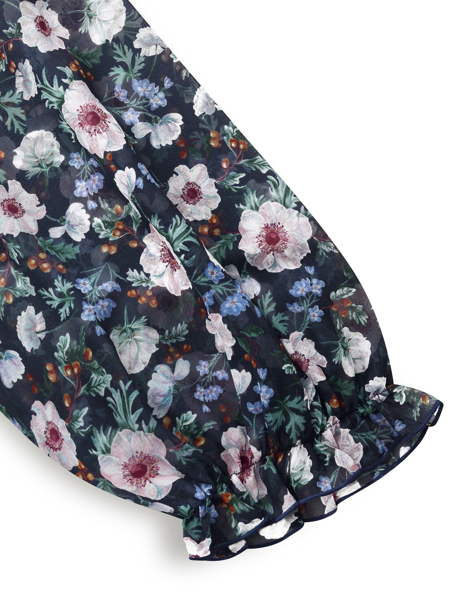 10MM Mulberry Silk Floral Print Women Ruffle Collar Midi Dress Product Image