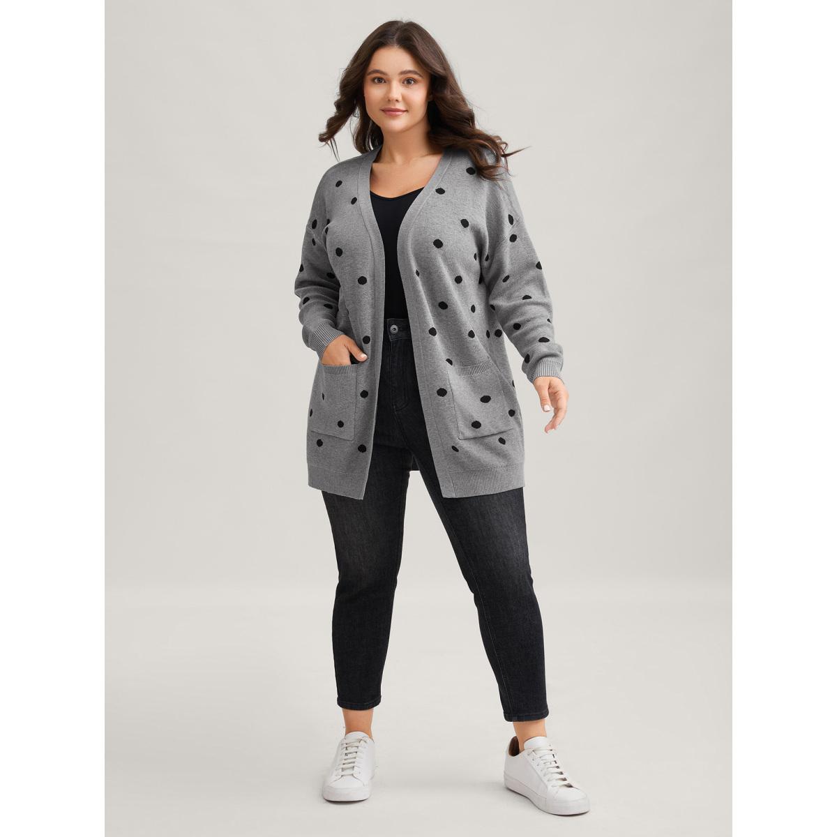 Plus Size Polka Dot Kimono Collar Patch Pocket Cardigan Mediumgray Women Leisure Loose Long Sleeve Casual Cardigans BloomChic 22-24/3X Product Image