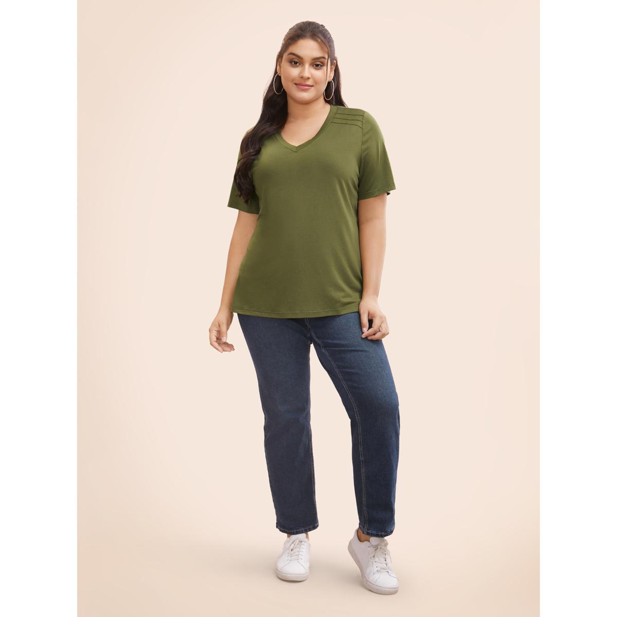 Plus Size V Neck Pleated Stretchy T-shirt ArmyGreen Women Casual Pleated V-neck Everyday T-shirts BloomChic 14-16/1X Product Image