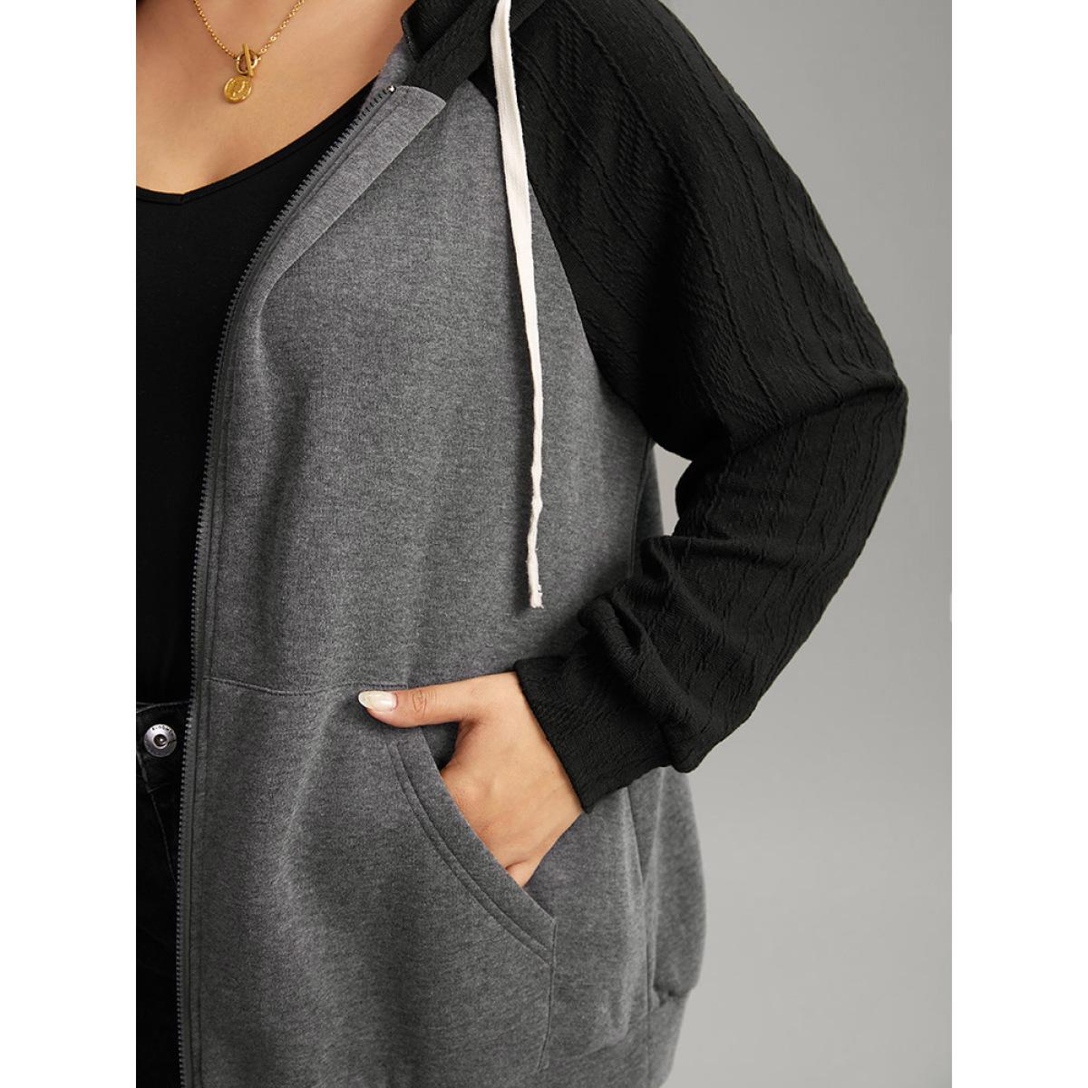 Plus Size Two Tone Textured Jacquard Hooded Jacket Women DimGray Contrast Pocket Dailywear Jackets BloomChic 10/M Product Image