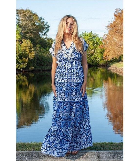 Karyn Seo Gypsy Bohemian Print Cinched Waist V-Neck Short Sleeve Maxi Dress Product Image