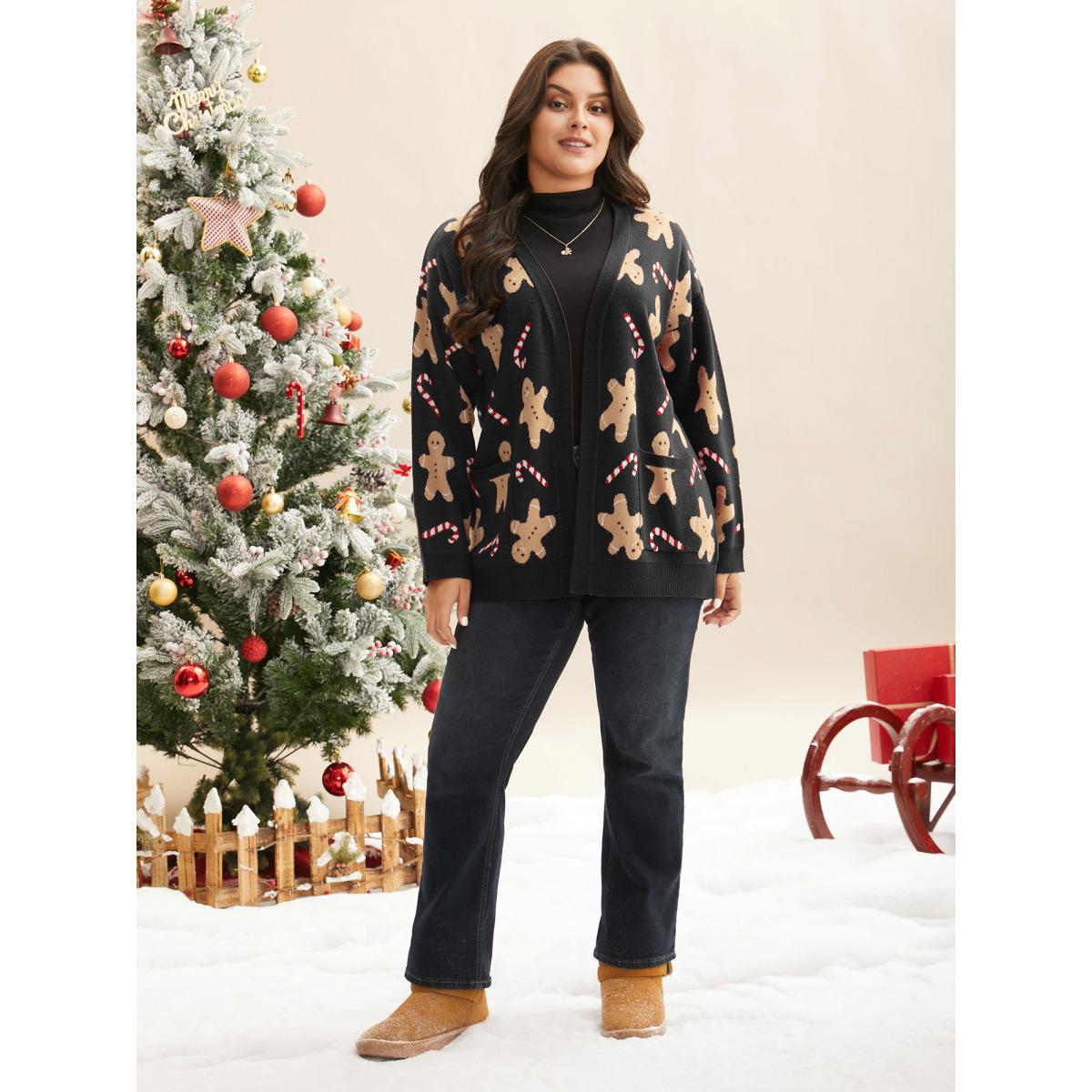 Plus Size Gingerbread & Candycane Shimmering Threads Cardigan Black Women Casual Loose Long Sleeve Everyday Cardigans BloomChic 12/L Product Image
