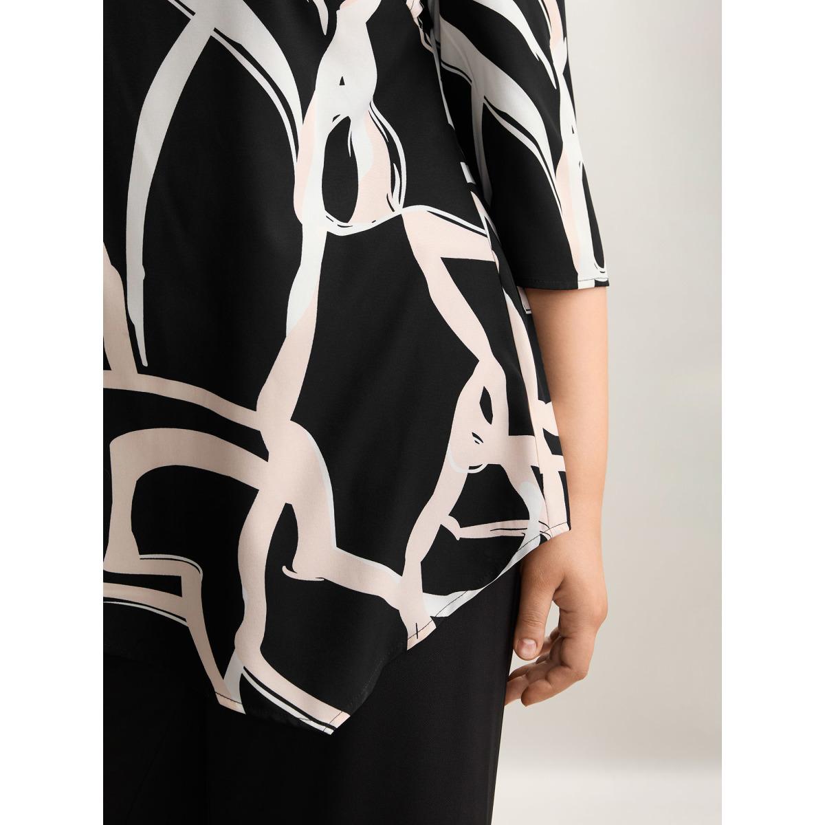 Plus Size Black Asymmetrical Line Print Hi Low Hem Blouse Women At the Office Elbow-length sleeve Round Neck Work Blouses BloomChic 30/6X Product Image