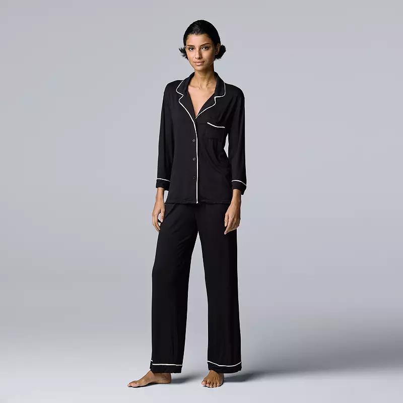 Women's Simply Vera Vera Wang Basic Luxury ¾ Sleeve Pajama Shirt & Pants Sleep Set,  Product Image