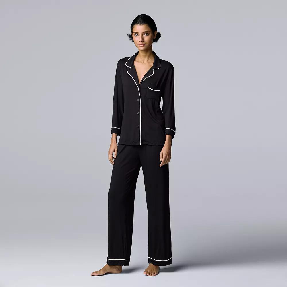 Women's Simply Vera Vera Wang Basic Luxury ¾ Sleeve Pajama Shirt & Pants Sleep Set,  Product Image