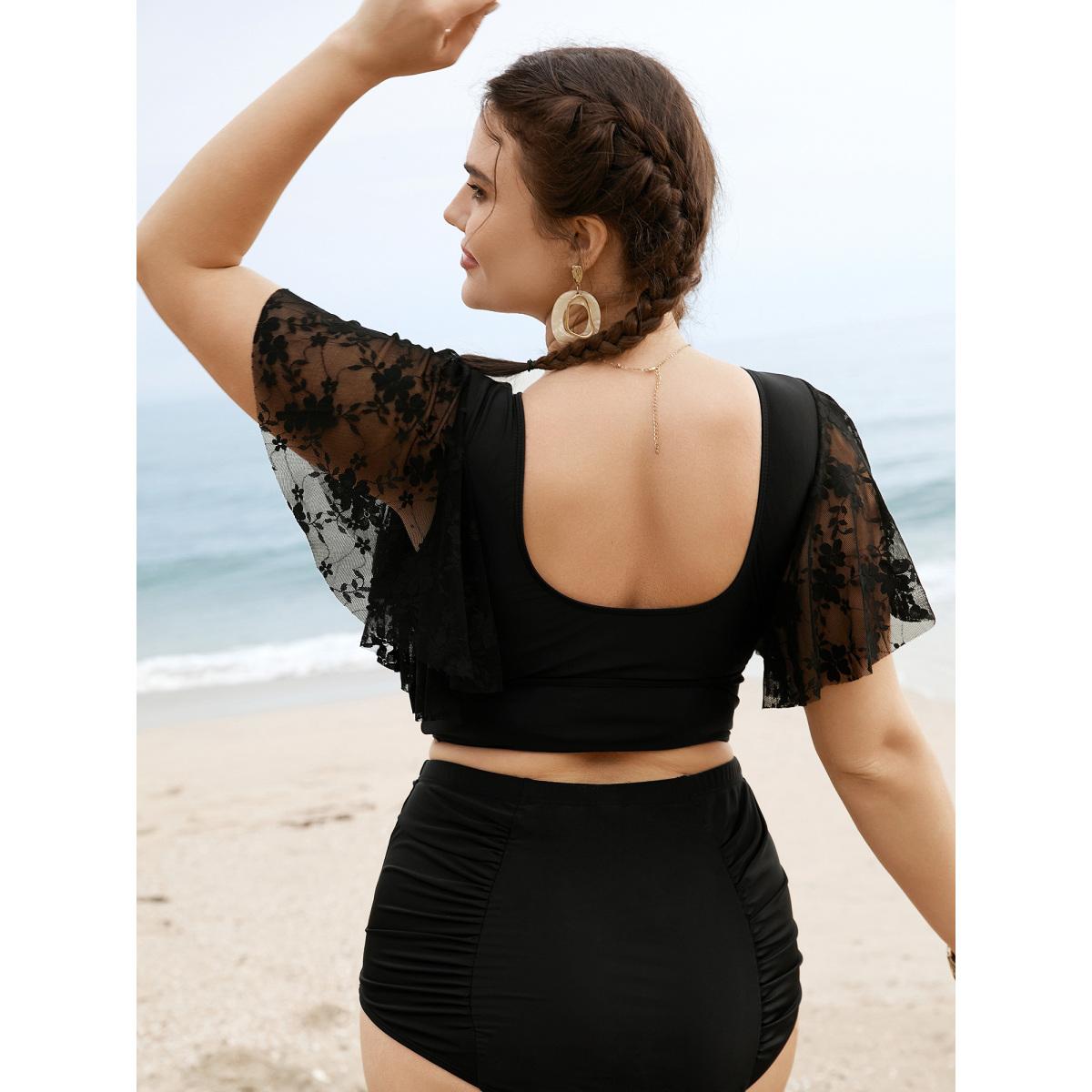 Plus Size U Neck Crochet Lace Mesh Swim Top Women's Swimwear Black Resort Texture High stretch Skinny U-neck Curve Swim Tops BloomChic 28/5X Product Image