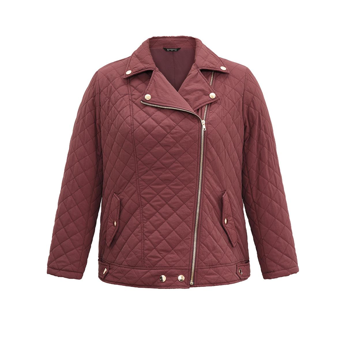 Plus Size Zipper Fly Quilted Button Detail Lapel Collar Jacket Women Burgundy Texture Pocket Dailywear Jackets BloomChic 28/5X Product Image