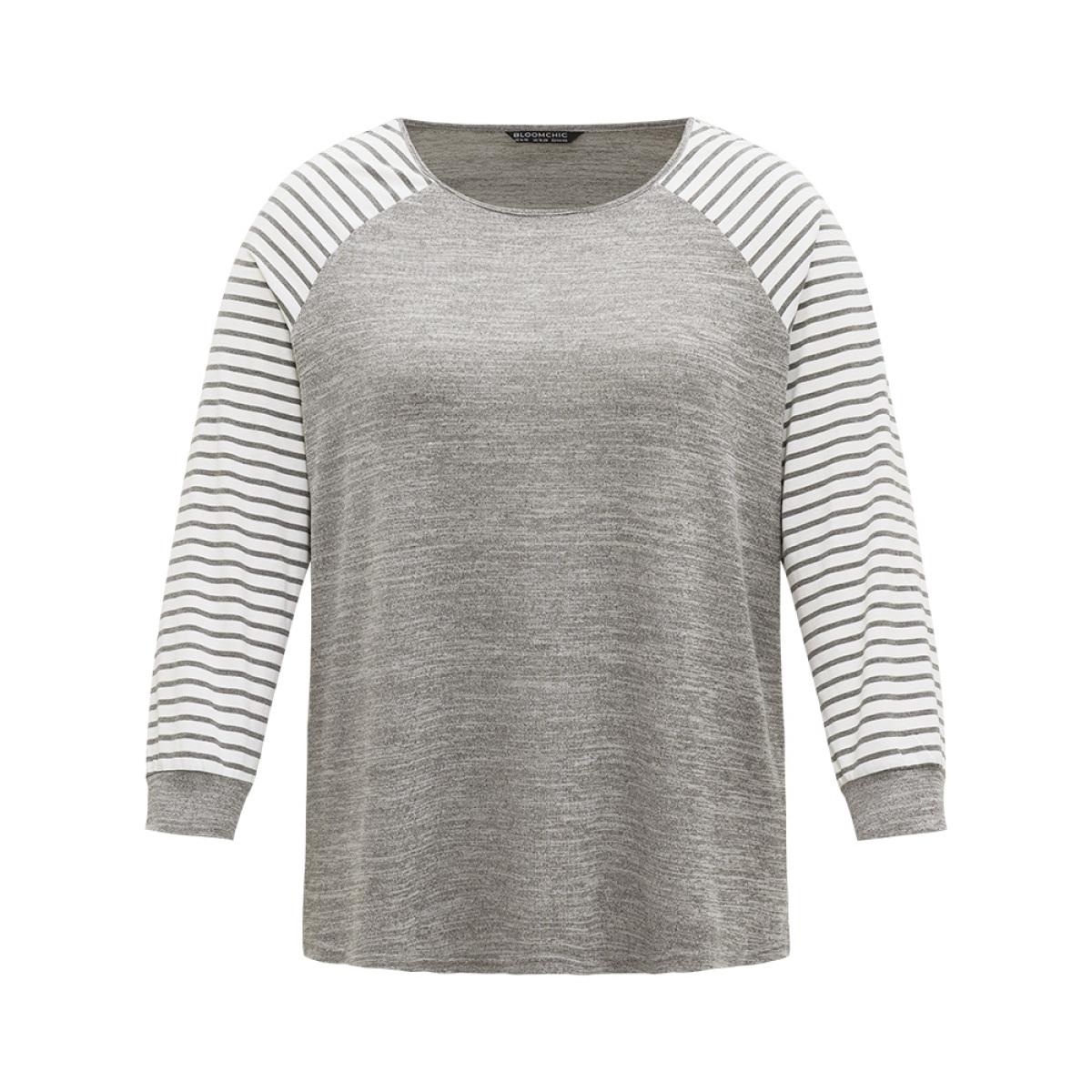 Plus Size Striped Raglan Sleeve Patched Split Side T-shirt Gray Women Casual Contrast Striped Round Neck Dailywear T-shirts BloomChic 10/M Product Image