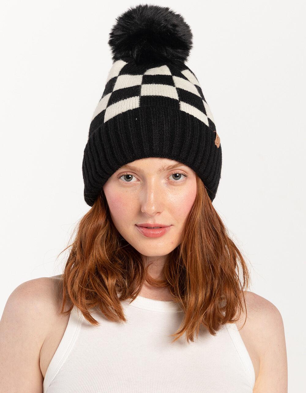 Checkered Pom Womens Beanie - BLACK Product Image