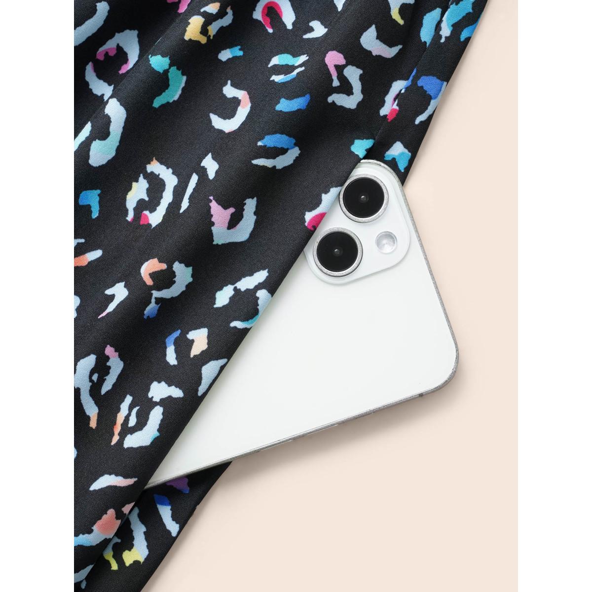 Plus Size Multi-color Leopard Print Elastic Waist Midi Dress Black Women Elegant Ruffles V-neck Cap Sleeve Curvy BloomChic 22-24/3X Product Image