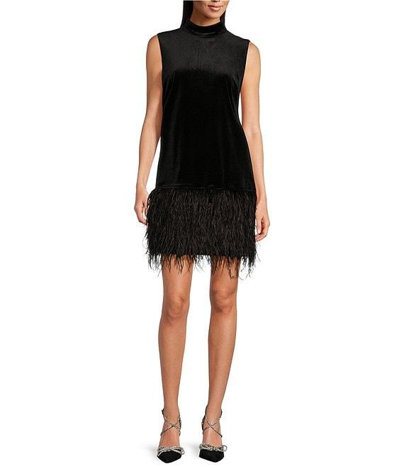 tyler boe Velvet Mock Neck Sleeveless Feather Trim Dress Product Image