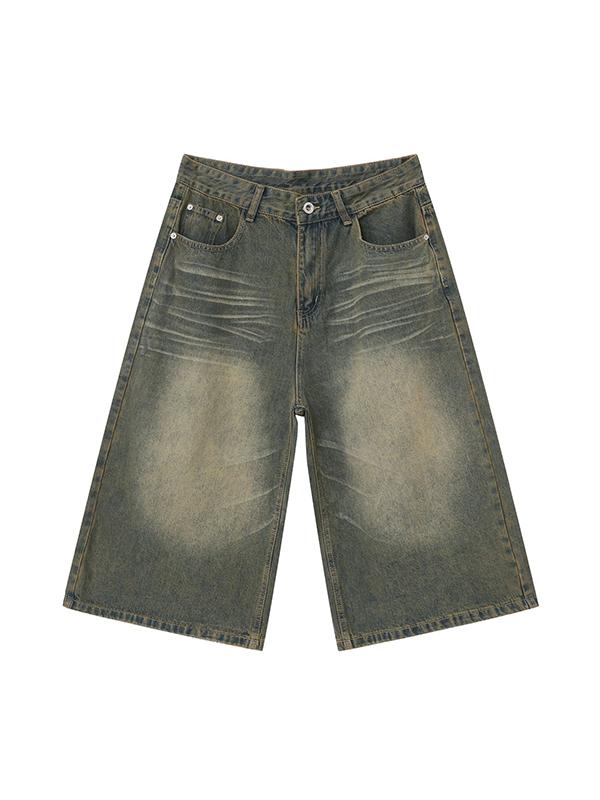 Men'S Retro Washed Wide Leg Straight Denim Shorts Product Image