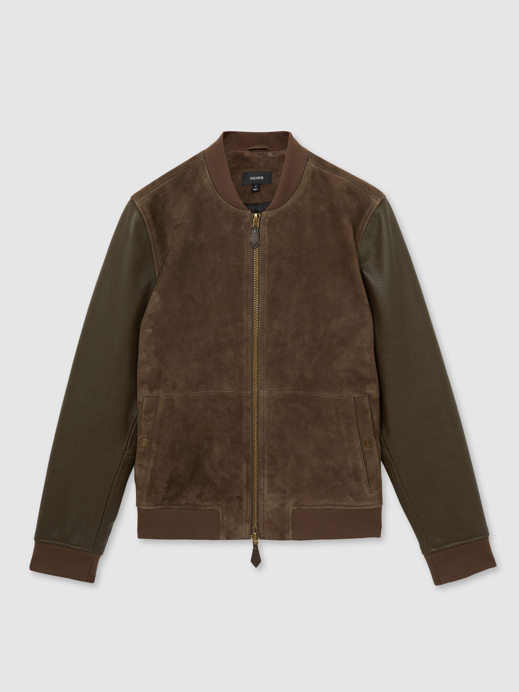Leather-Sleeve Suede Bomber Jacket in Chocolate Brown Product Image