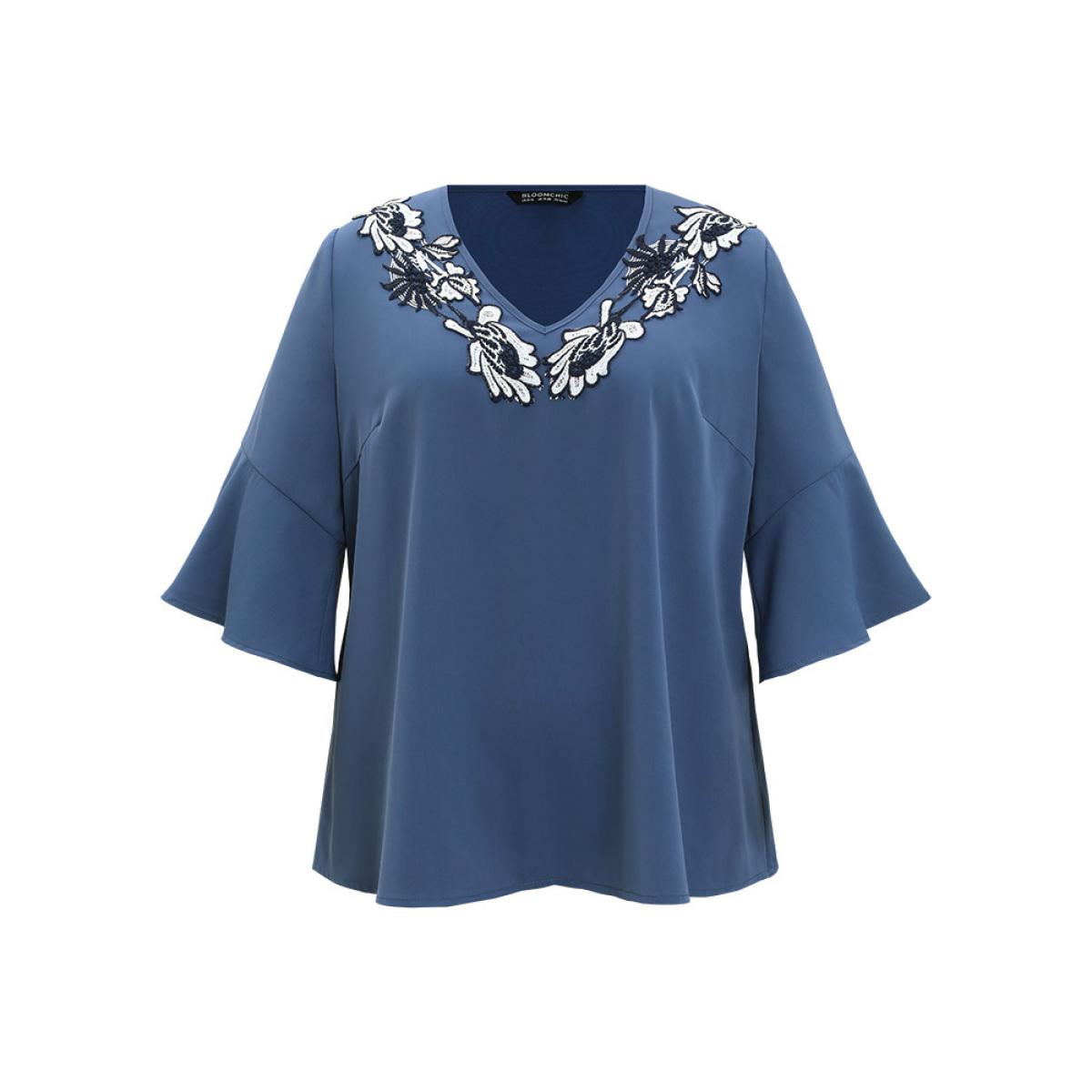 Plus Size Stone Floral Applique Bell Sleeve Blouse Women Elegant Elbow-length sleeve V-neck Dailywear Blouses BloomChic 26/4X Product Image
