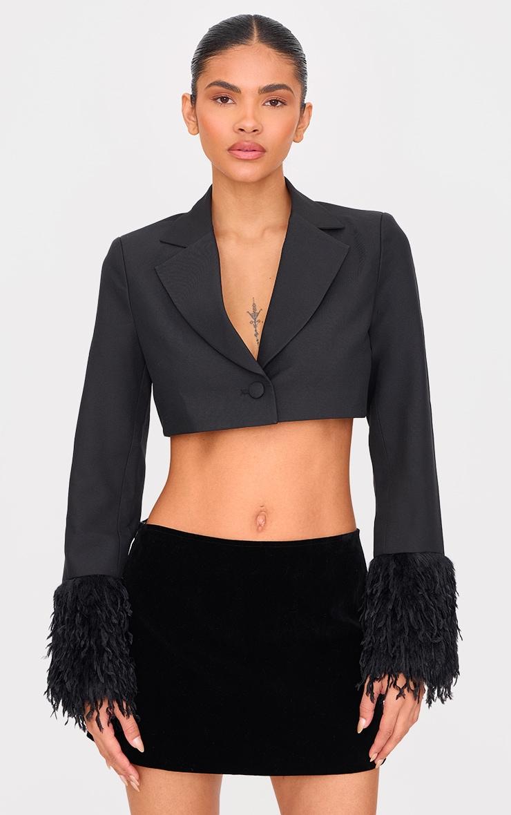 Black Faux Fur Cuff Detail Cropped Blazer Product Image