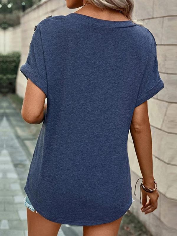 Loose Short Sleeves Buttoned Solid Color V-Neck T-Shirts Tops Product Image