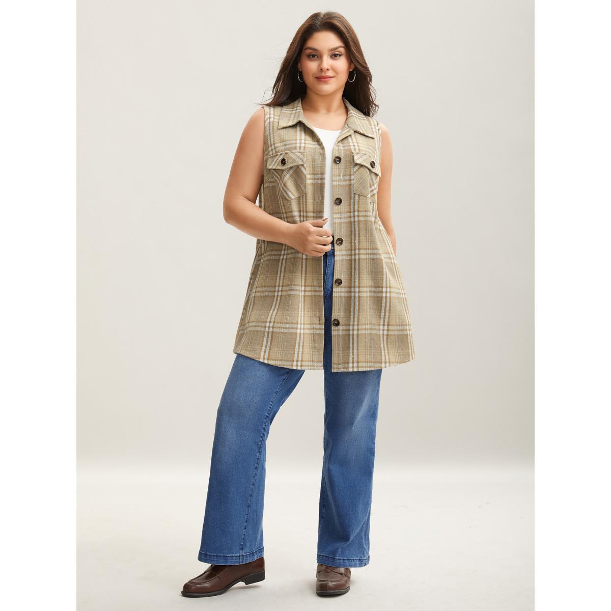 Plus Size Plaid Flap Detail Sleeveless Jacket Women LightBrown Button Side seam pocket Everyday Jackets BloomChic 28/5X Product Image