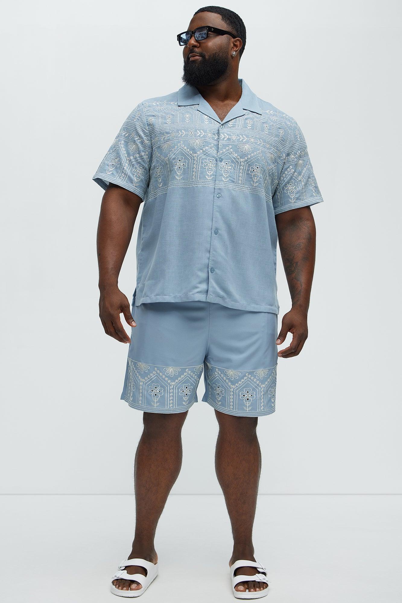 Embroidered Floral Cuban Collar Button Up Shirt - Blue/combo Product Image