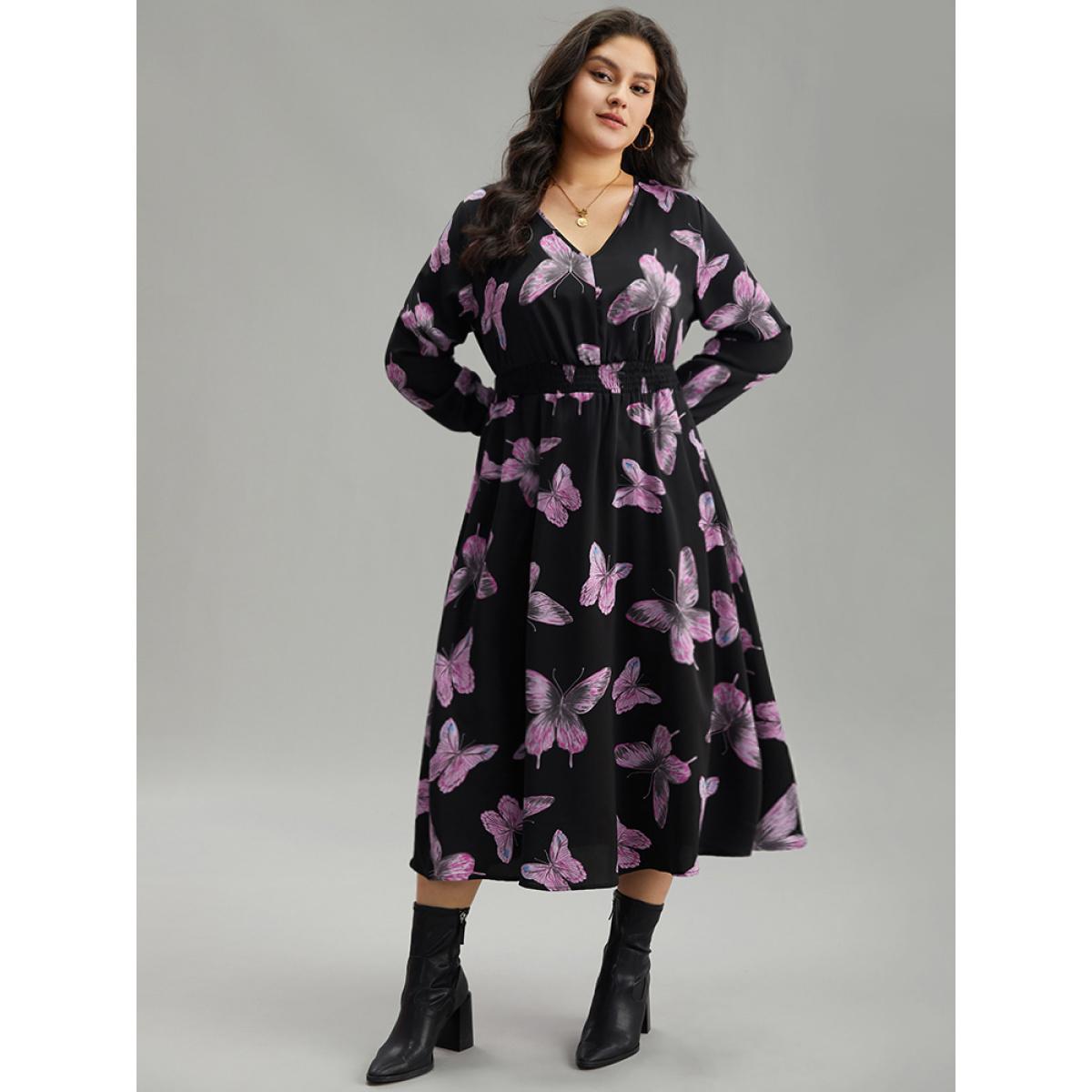 Plus Size Butterfly Print Pocket Shirred Cuffs Dress Black Women Elegant Printed V-neck Long Sleeve Curvy Midi Dress BloomChic 22-24/3X Product Image