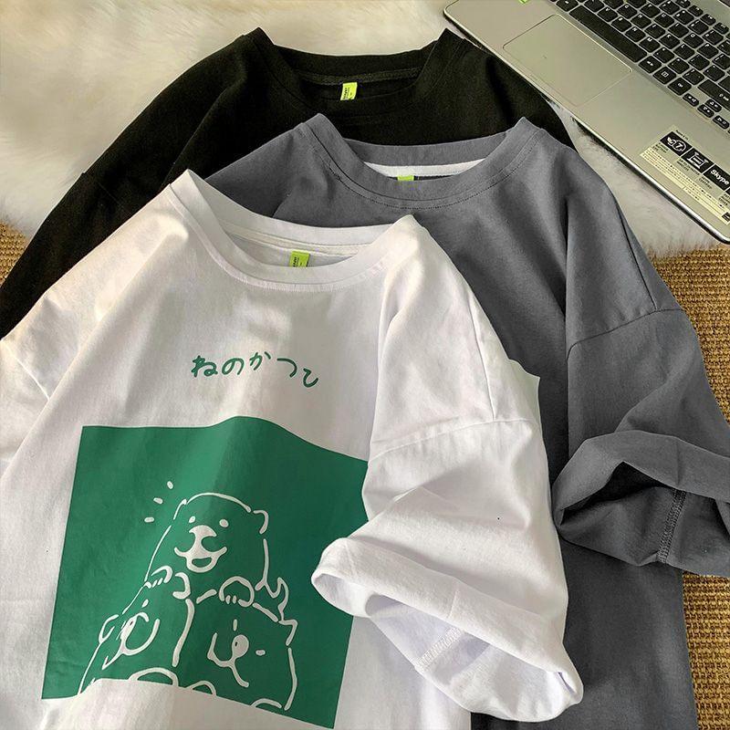 Short-Sleeve Crew Neck Cartoon Print T-Shirt Product Image