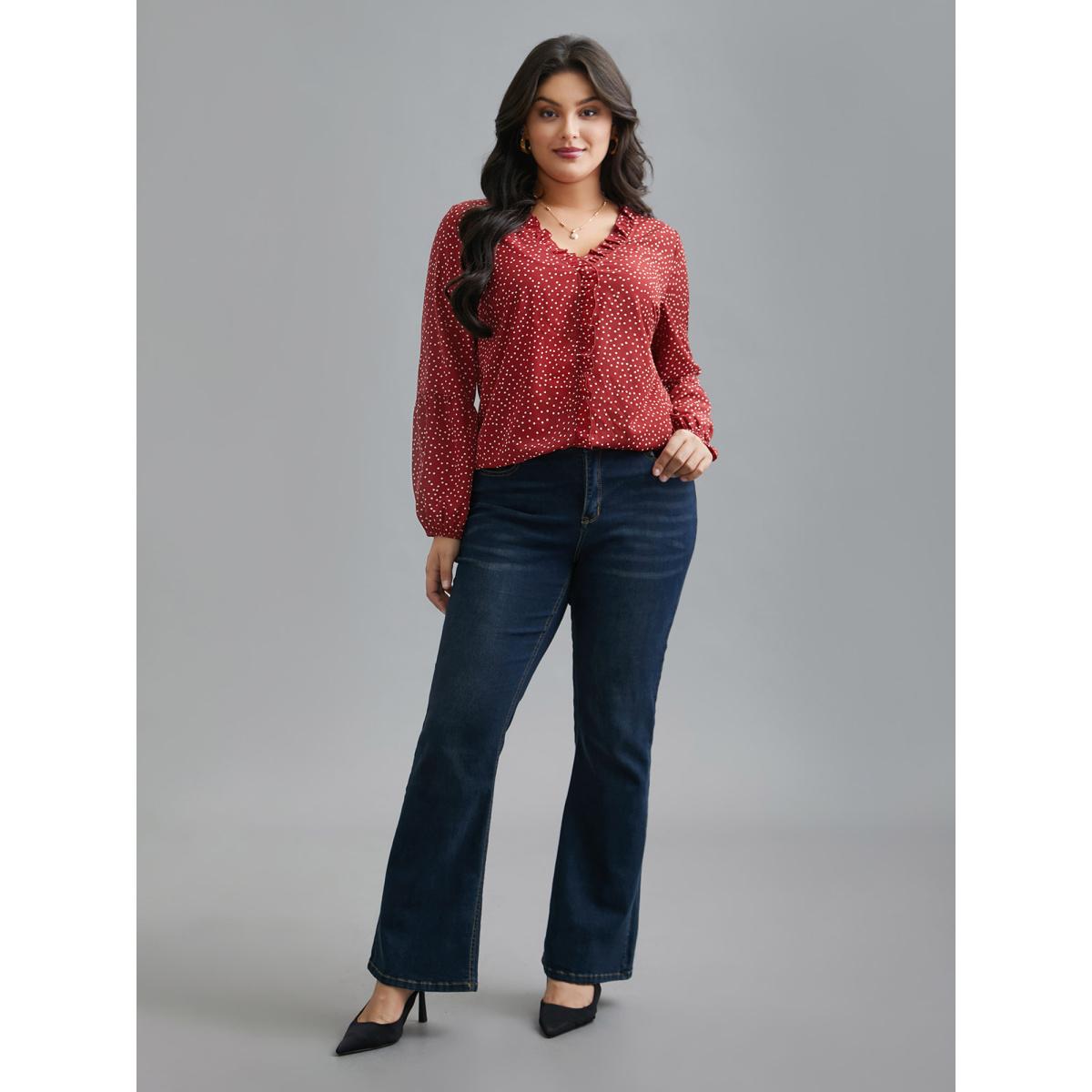 Plus Size Scarlet V-Neck Polka Dot Ruffled Blouse Women Elegant Long Sleeve V-neck Everyday Blouses BloomChic 28/5X Product Image