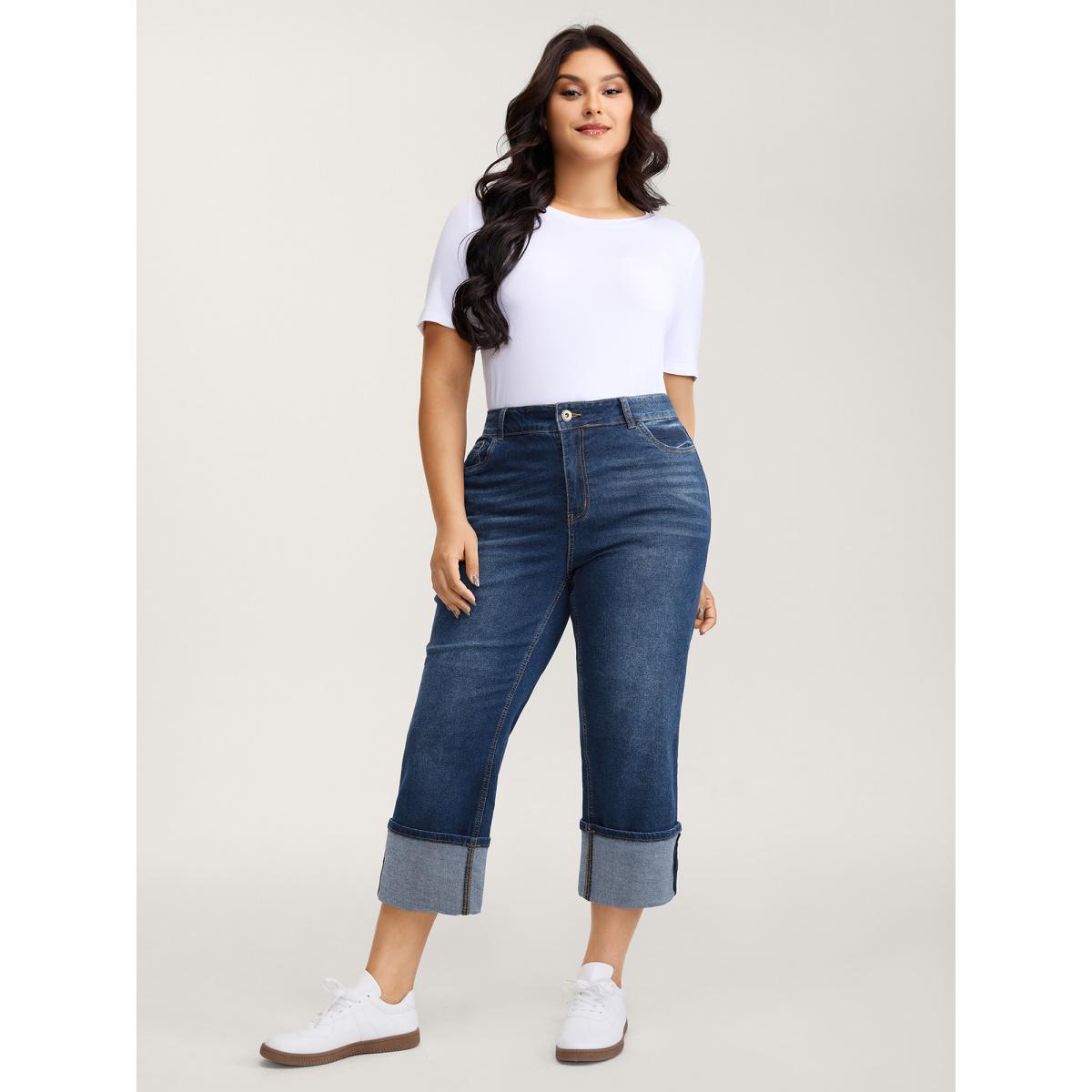 Plus Size Stretch Rolled Hem Straight-Leg Jeans Women Denimblue Leisure High stretch Slanted pocket Jeans BloomChic 30/6X Product Image