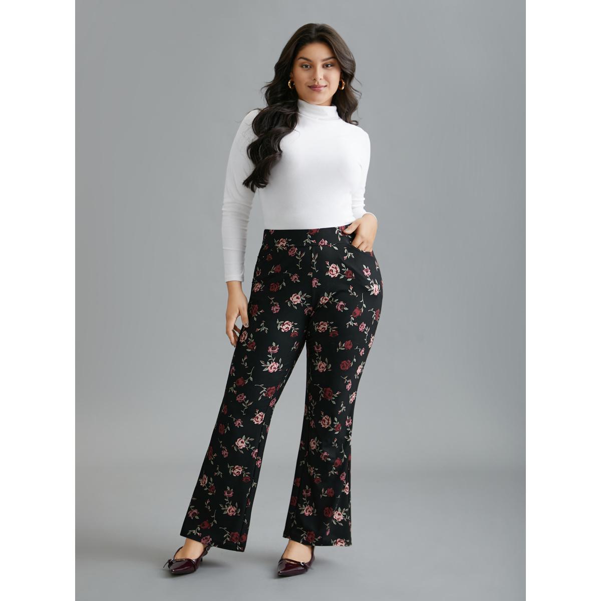 Plus Size Floral Mid-Rise Bootcut Pants Women BlackFlower Elegant High stretch Bootcut Mid Rise Everyday Leggings BloomChic 10/M Product Image