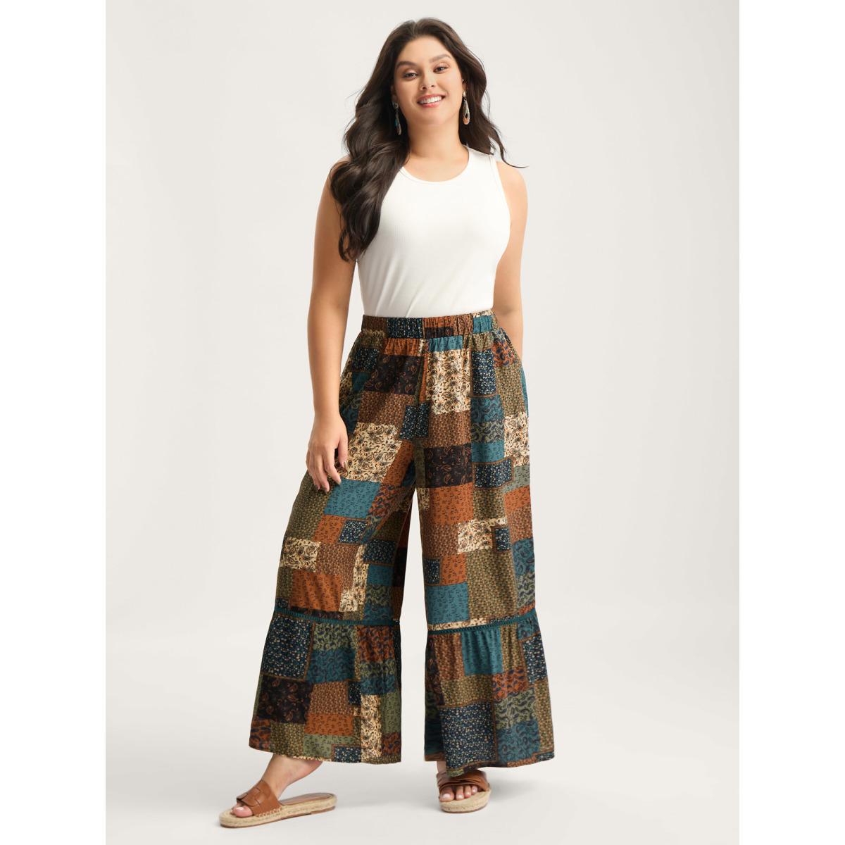 Plus Size Floral Collage Lace Spliced Wide-Leg Pants Women Multicolor Boho Wide Leg Mid Rise Vacation Pants BloomChic 22-24/3X Product Image