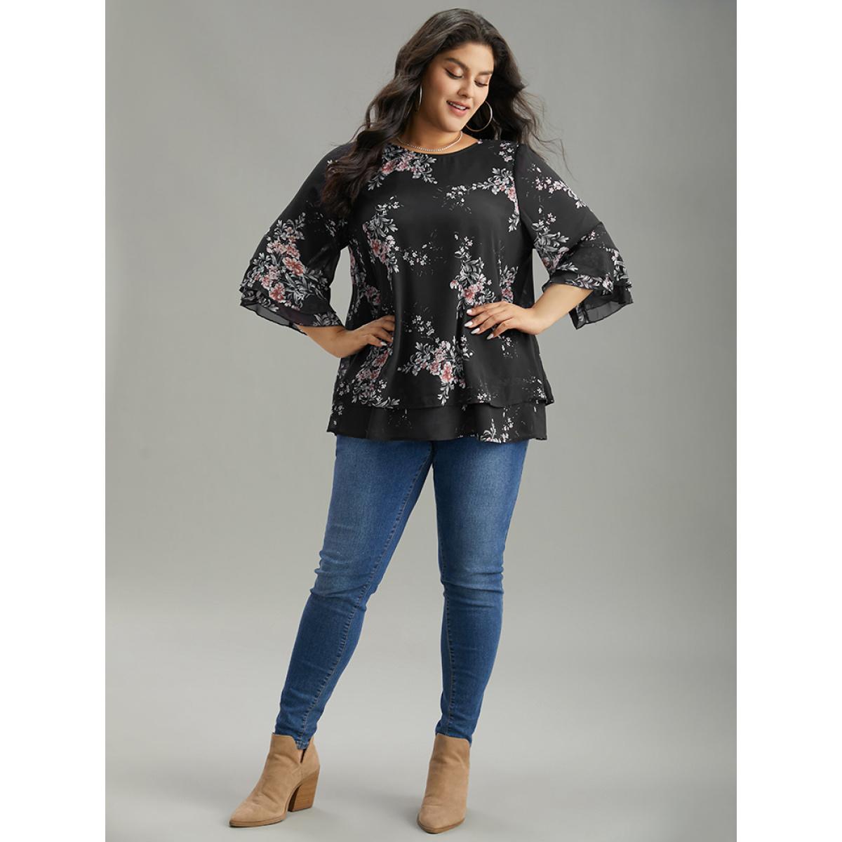 Plus Size BlackFlower Floral Chiffon Ruffle Sleeve Mesh Patchwork Blouse Women Elegant Elbow-length sleeve Round Neck Everyday Blouses BloomChic 12/L Product Image