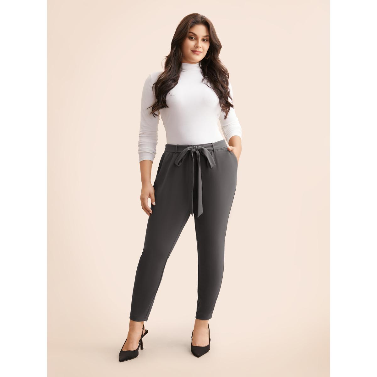 Plus Size Solid Tie Knot Skinny Pants Women DimGray Elegant Skinny Mid Rise Everyday Pants BloomChic 28/5X Product Image