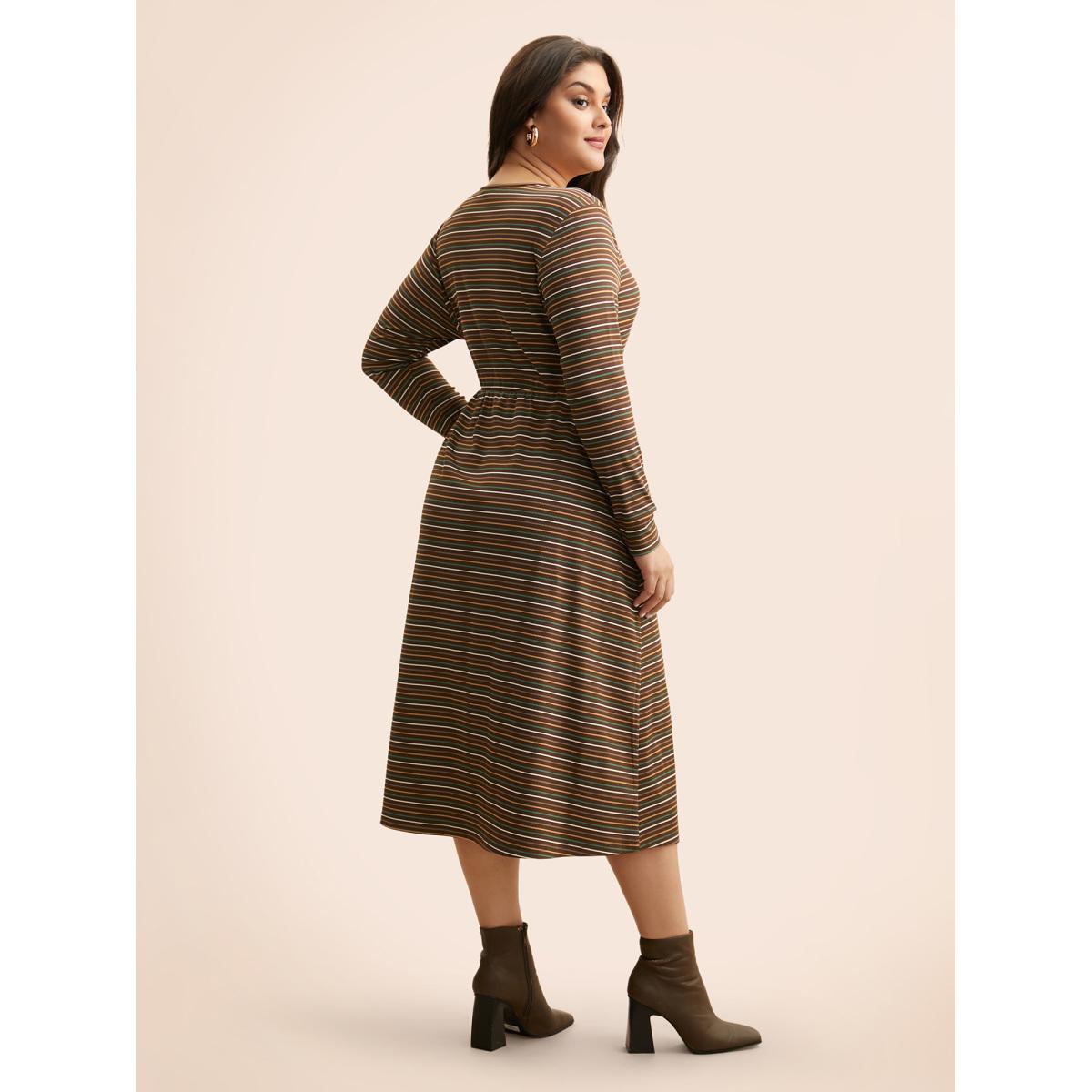 Plus Size Striped Overlap Collar Midi Dress Browncoffeecolor Women Elegant Texture Overlap Collar Long Sleeve Curvy BloomChic 18-20/2X Product Image