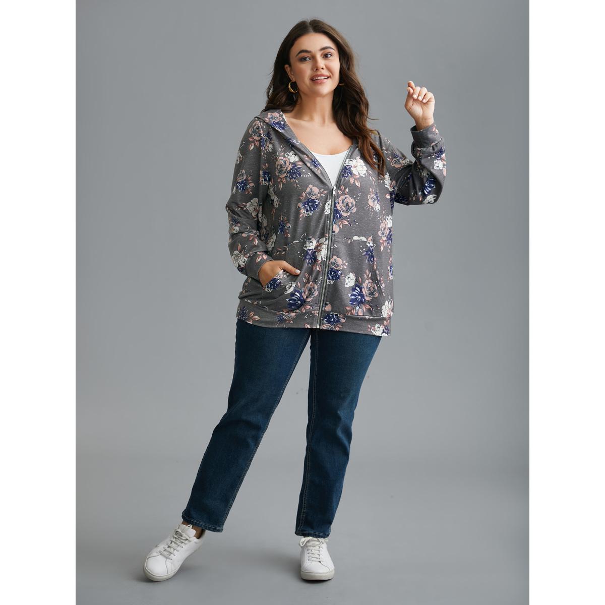 Plus Size Floral Print Zipper Front Hooded Sweatshirt Women DarkGray Casual Contrast Loose Hooded Everyday Sweatshirts BloomChic 26/4X Product Image