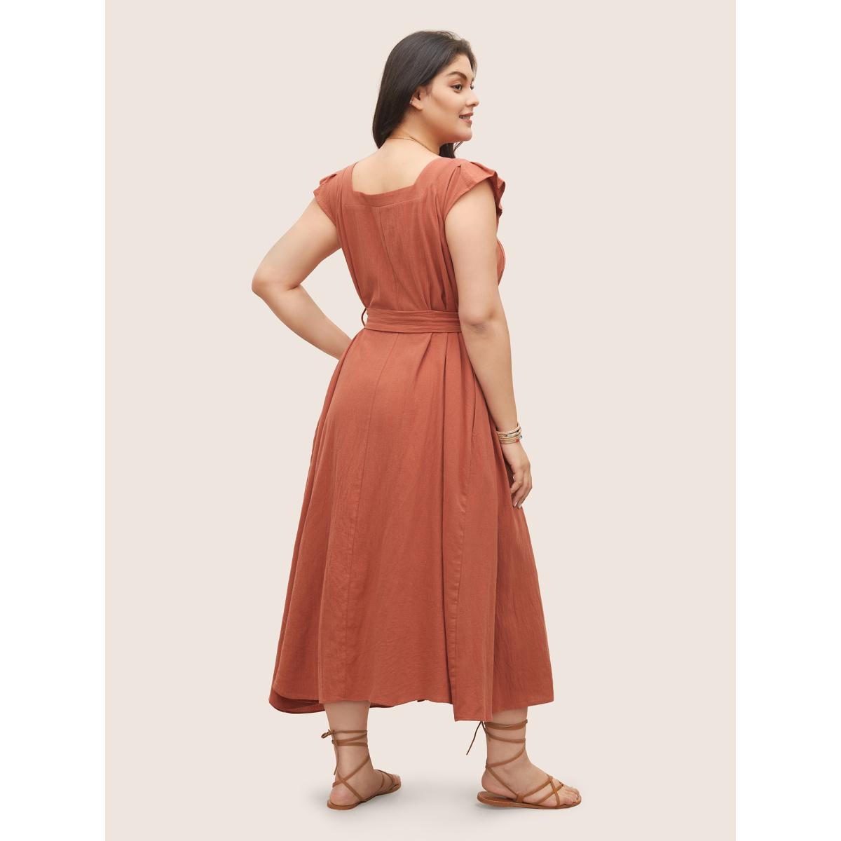 Plus Size Solid Flounce Sleeve Plicated Detail A Line Dress Rust Women Resort Non V-neck Cap Sleeve Curvy BloomChic 26/4X Product Image