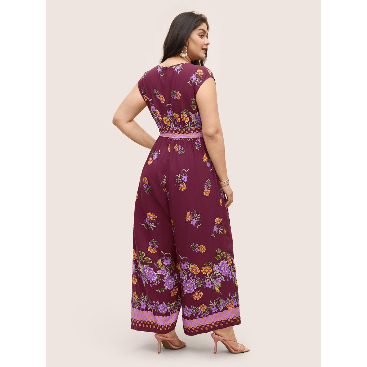 Plus Size RedViolet Boho Print Overlap Collar Belted Sleeveless Jumpsuit Women Resort Cap Sleeve V-neck Vacation Loose Jumpsuits BloomChic 22-24/3X Product Image