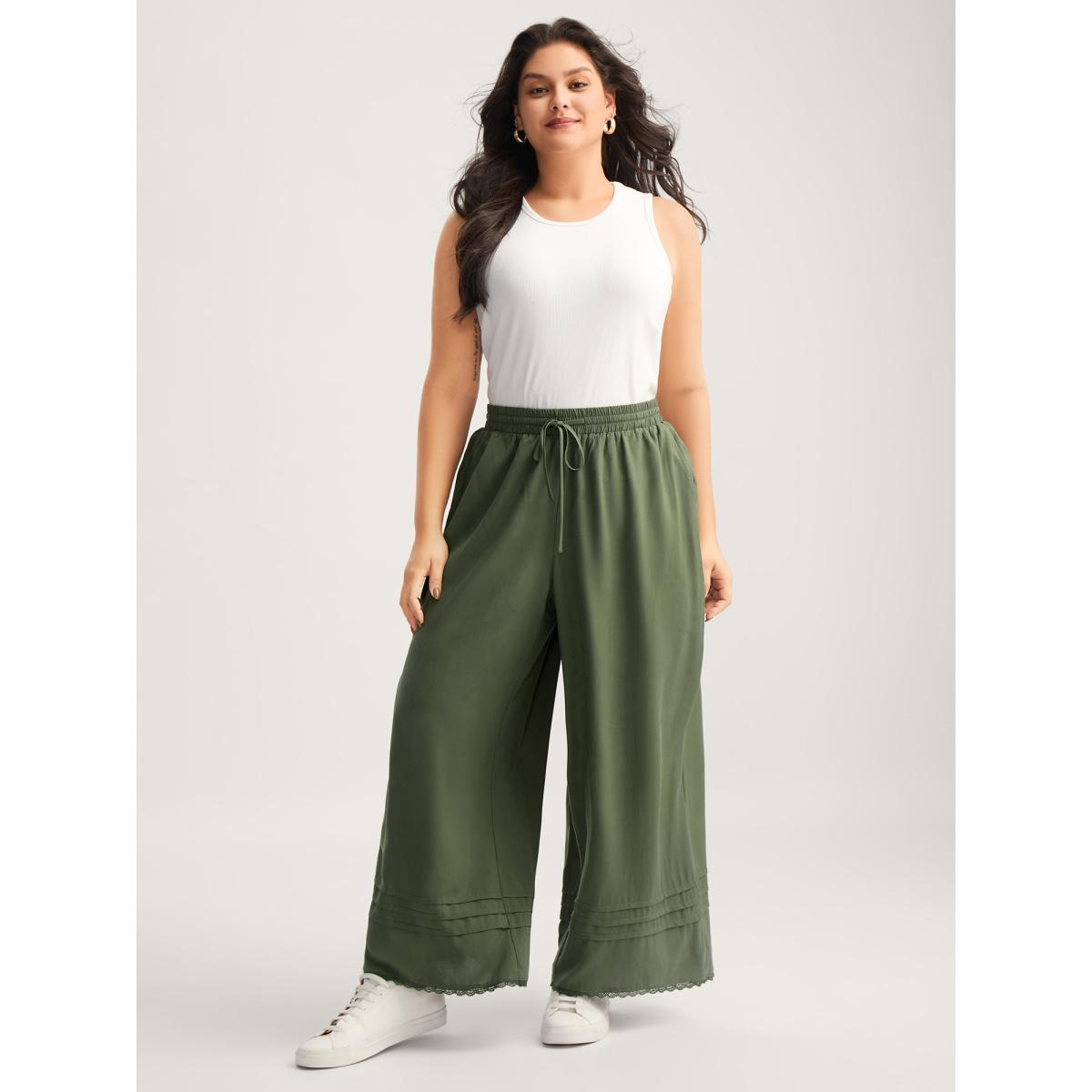 Plus Size Waist Drawstring Wide-Leg Pleated Pants Women ArmyGreen Beach Wide Leg Mid Rise Vacation Pants BloomChic 30/6X Product Image