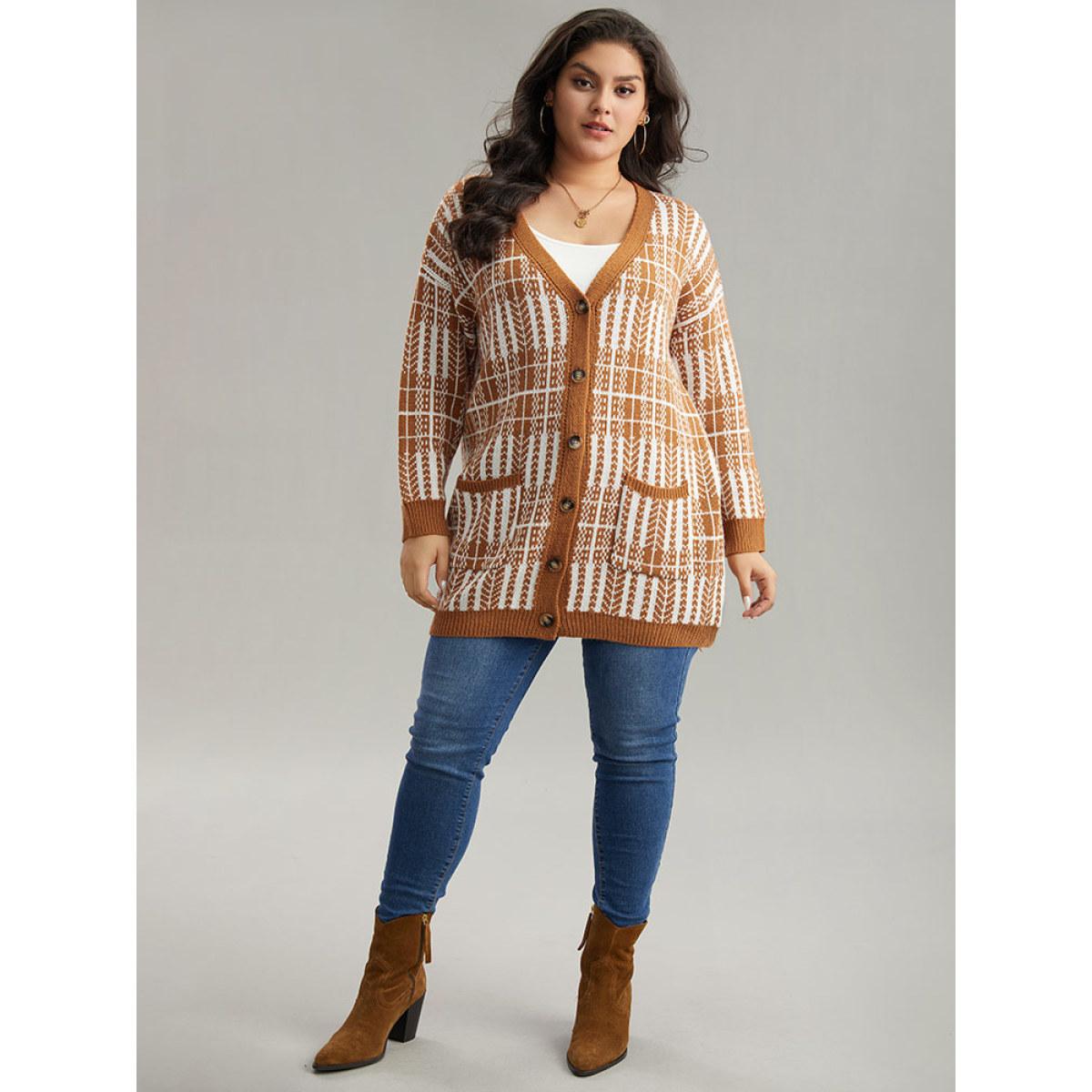 Plus Size Boho Print Contrast Pocket Open Front Cardigan Chocolate Women Casual Loose Long Sleeve Dailywear Cardigans BloomChic 30/6X Product Image