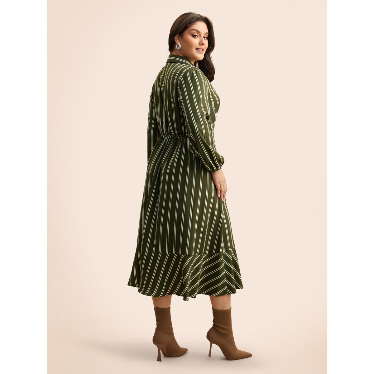 Plus Size Striped Tie Knot Lantern Sleeve Dress ArmyGreen Women Elegant Overlapping Shirt collar Long Sleeve Curvy BloomChic 26/4X Product Image