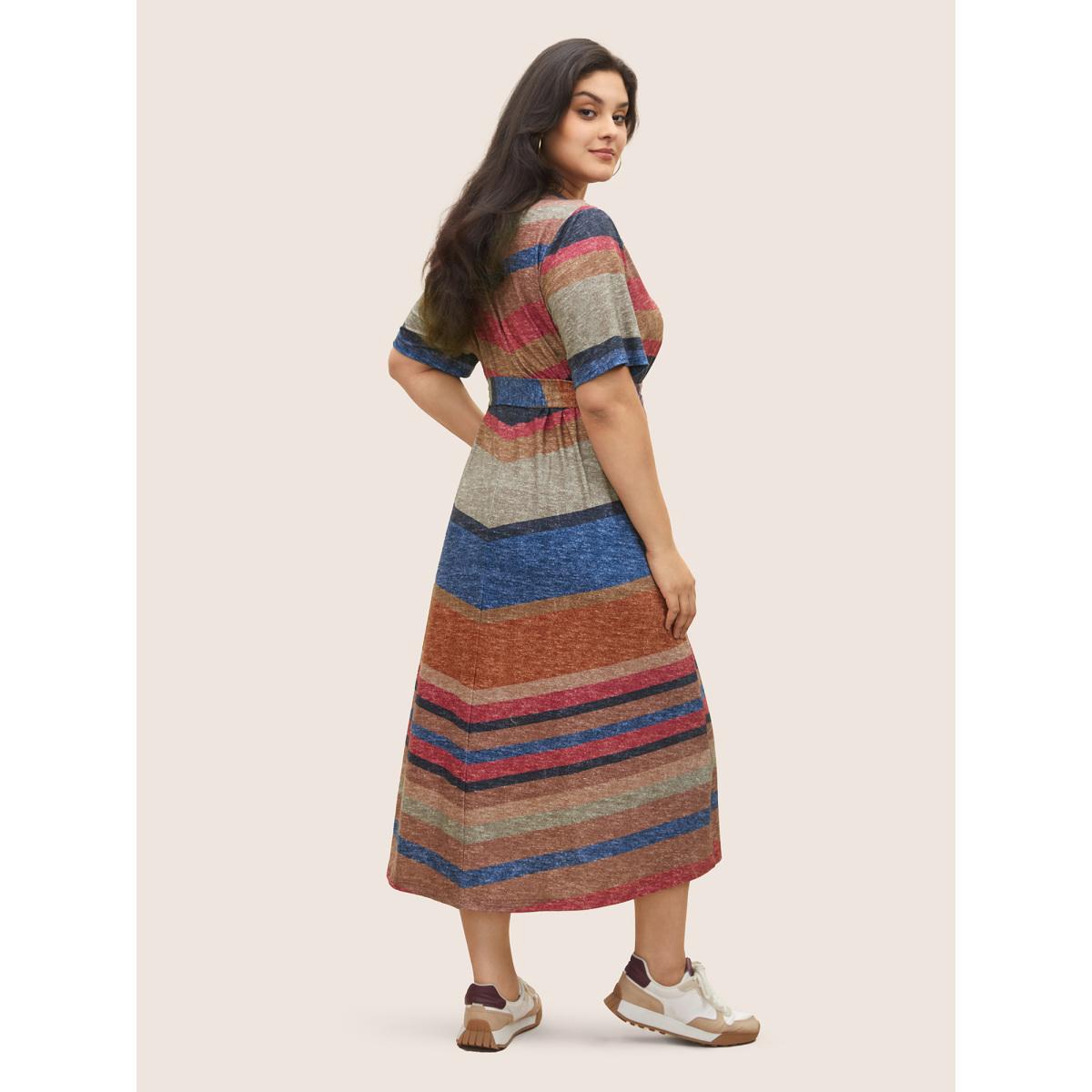 Plus Size Striped Colored Pocket Belted Dress Multicolor Women Casual Non Round Neck Short sleeve Curvy Midi Dress BloomChic 10/M Product Image
