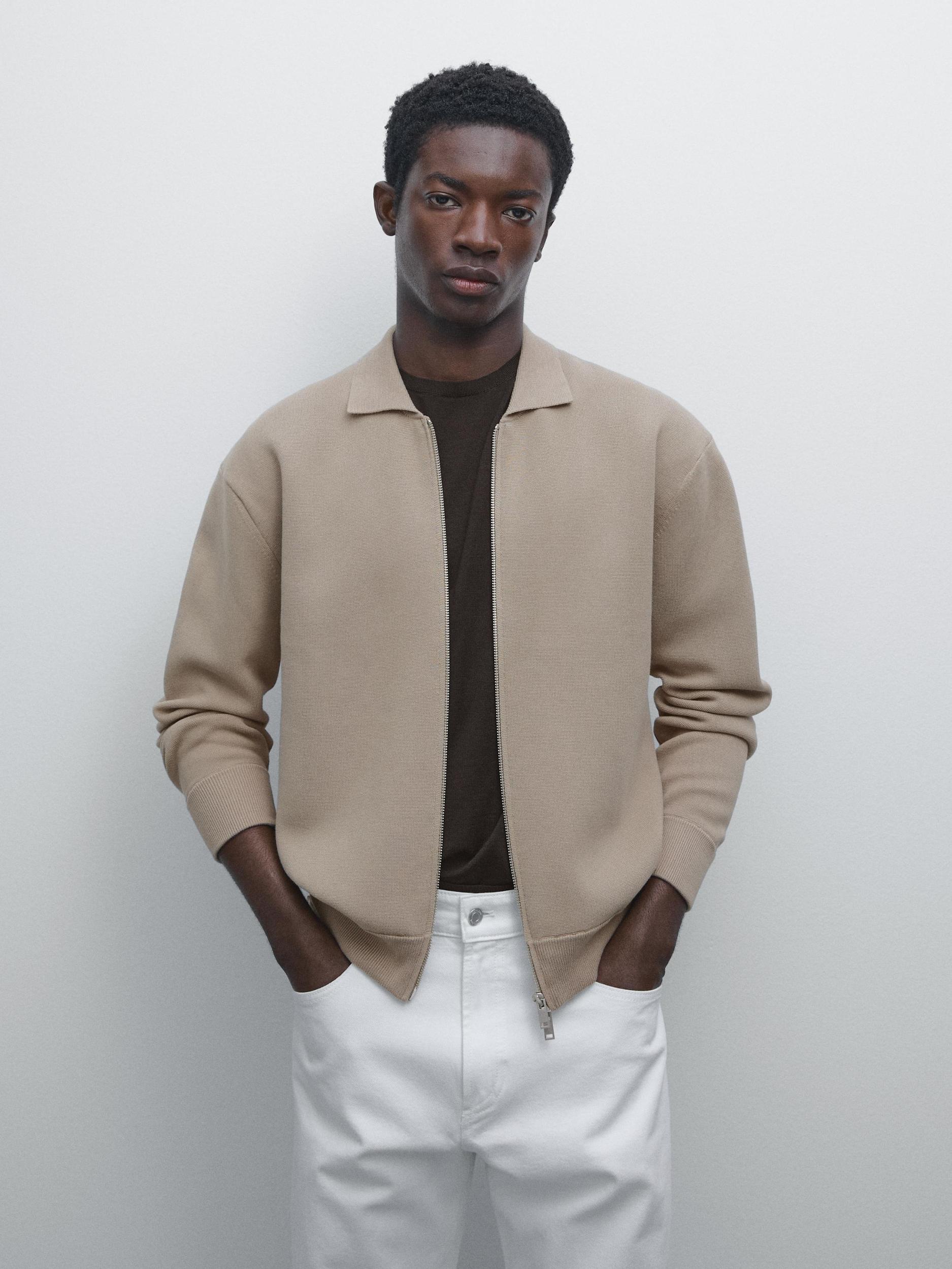 Cotton blend zip-up knit cardigan Product Image