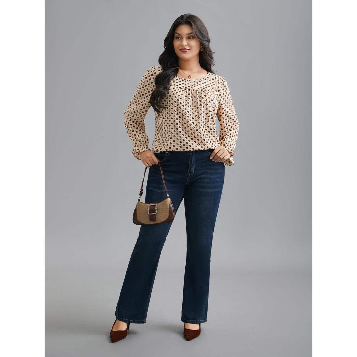 Plus Size Apricot Round Neck Geometric Print Pleated Blouse Women At the Office Long Sleeve Round Neck Office Blouses BloomChic 12/L Product Image