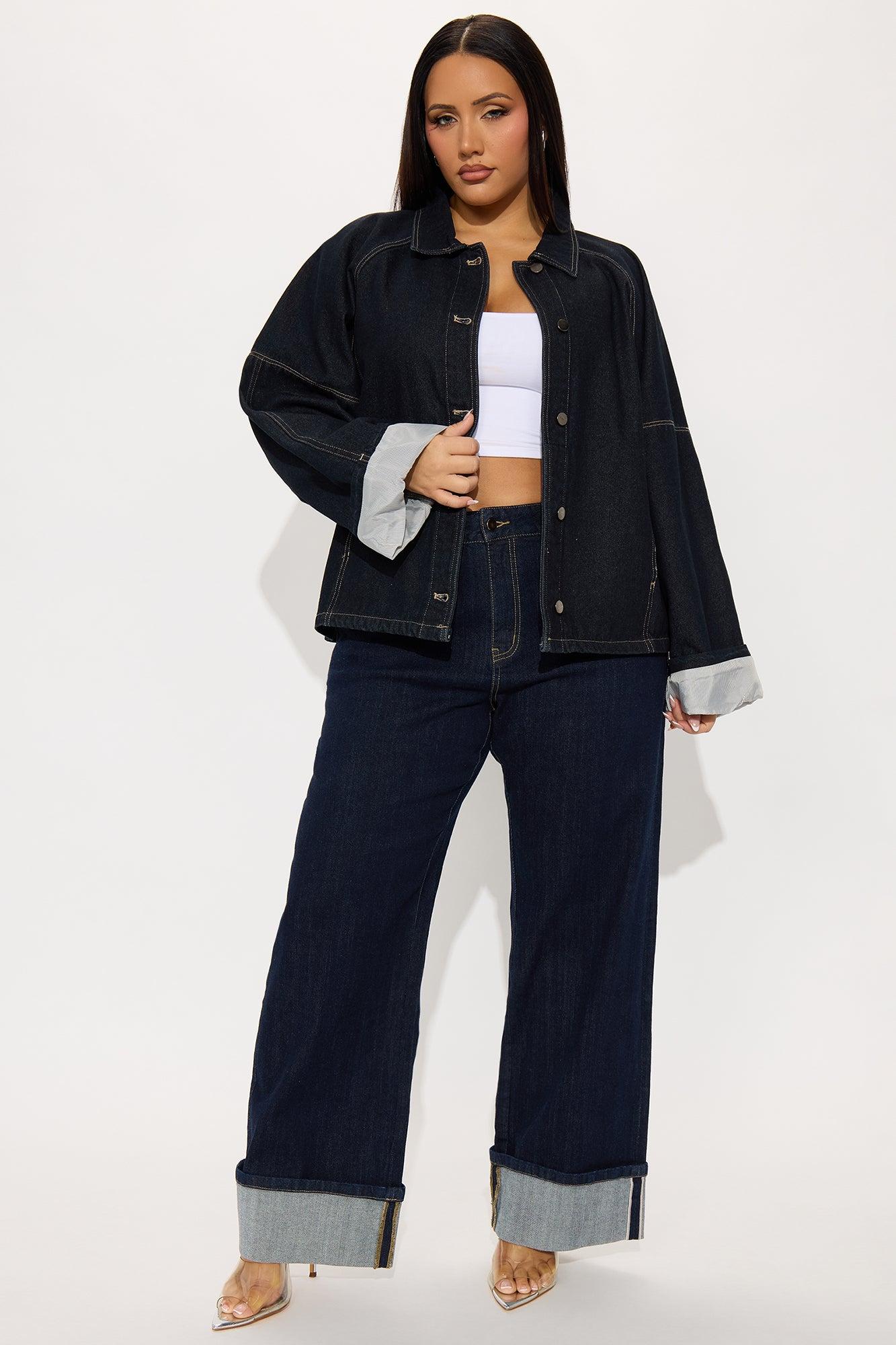 No Baggage Oversized Cuffed Denim Jacket - Dark Wash Female Product Image